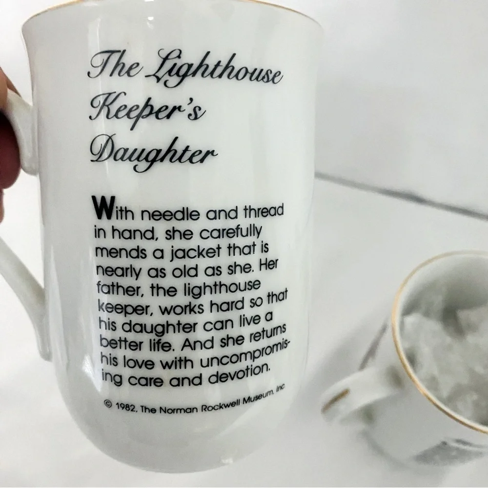 VINTAGE SET Of 5 Norman Rockwell Museum Coffee Mugs Cups White Gold Trim JAPAN